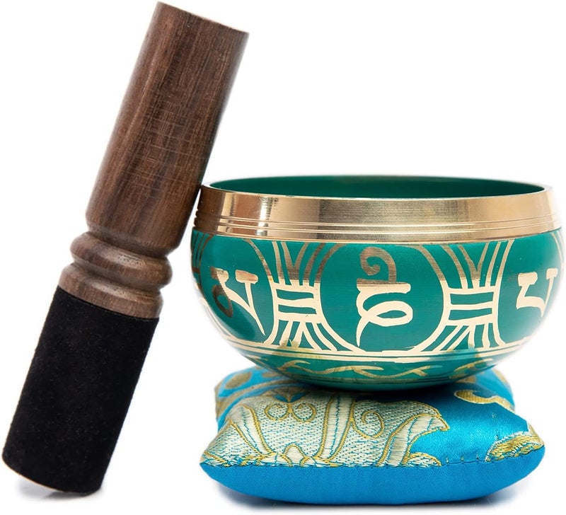 HIMALAYAN BAZAAR Tibetan Singing Bowl Set - Authentic Handcrafted Mindfulness Meditation Holistic Sound 7 Chakra Healing by (Turquoise) - Image 5